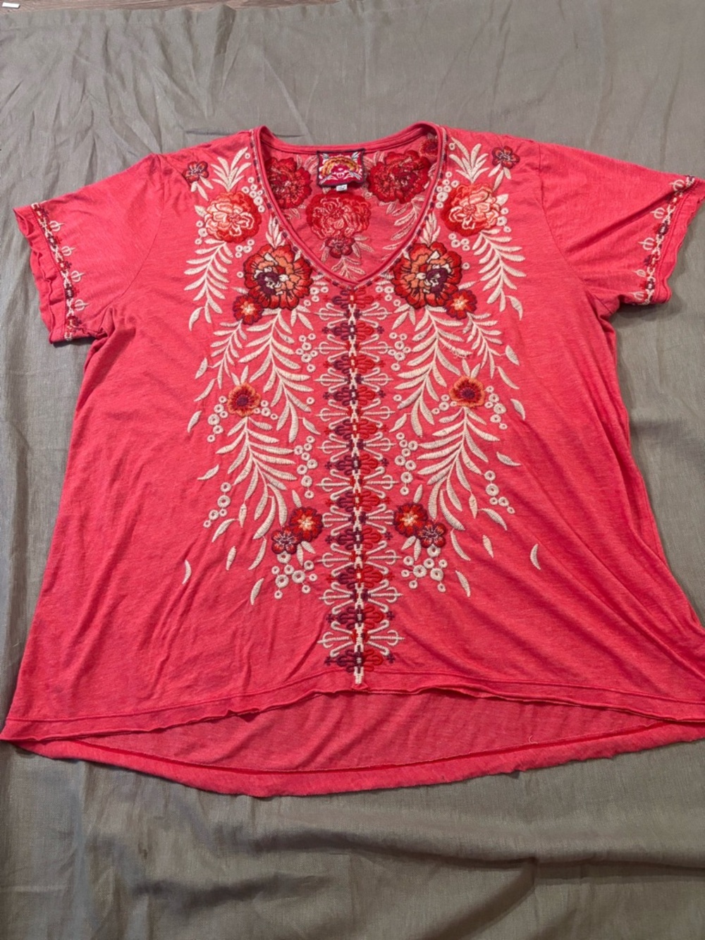 Johnny Was Coral Embroidered V-Neck Short Sleeve Tee